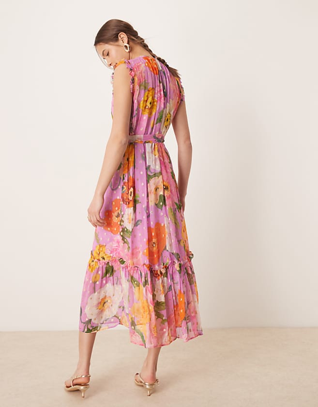 Asos Hope & Ivy High Neck Ruffle Midi Dress With Tie Waist In Pink Print