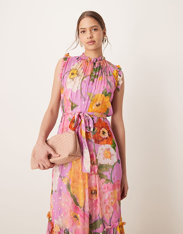 Asos Hope & Ivy High Neck Ruffle Midi Dress With Tie Waist In Pink Print