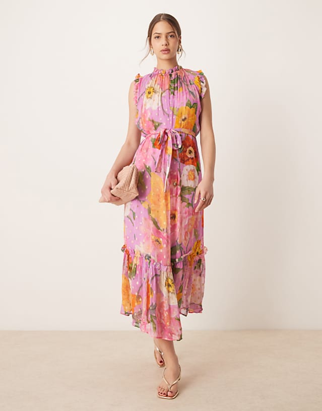 asos Hope & Ivy high neck ruffle midi dress with tie waist in pink print