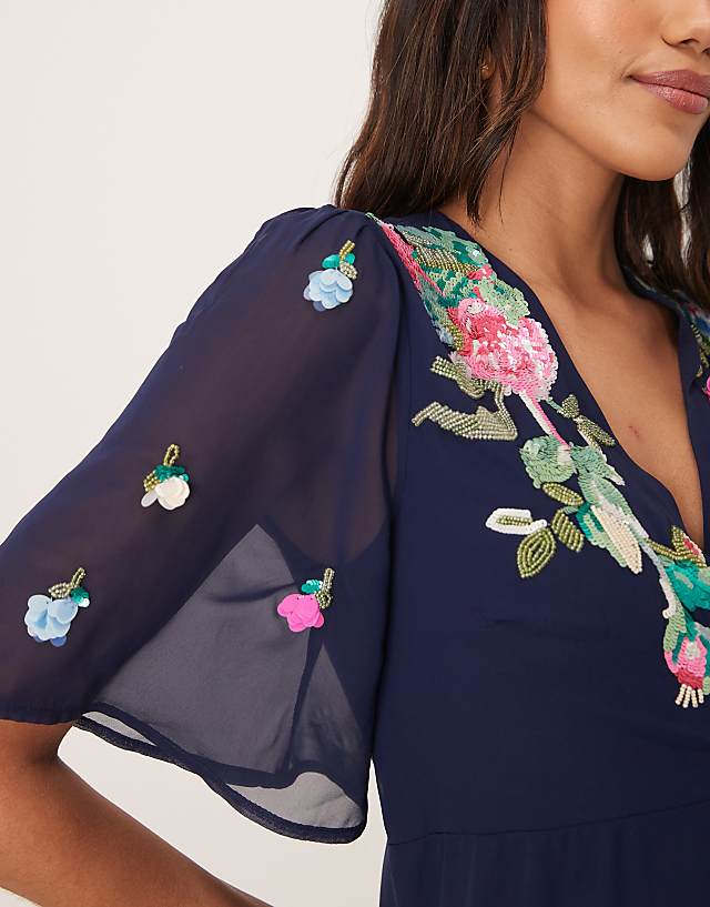 Asos Hope & Ivy Maternity Embellished Flutter Sleeve Maxi Wrap Dress With Tie Waist In Navy