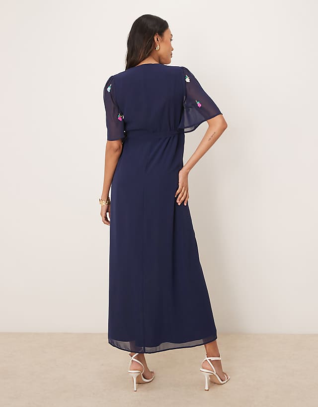 Asos Hope & Ivy Maternity Embellished Flutter Sleeve Maxi Wrap Dress With Tie Waist In Navy