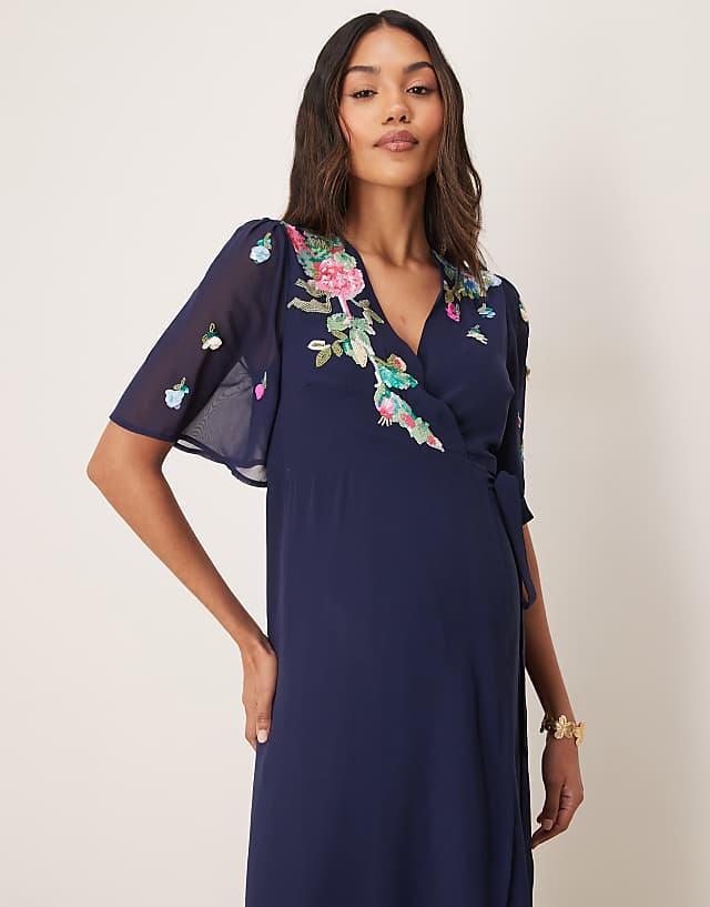 Asos Hope & Ivy Maternity Embellished Flutter Sleeve Maxi Wrap Dress With Tie Waist In Navy