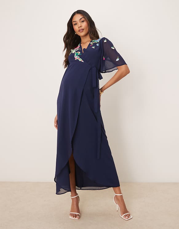 asos Hope & Ivy Maternity embellished flutter sleeve maxi wrap dress with tie waist in navy