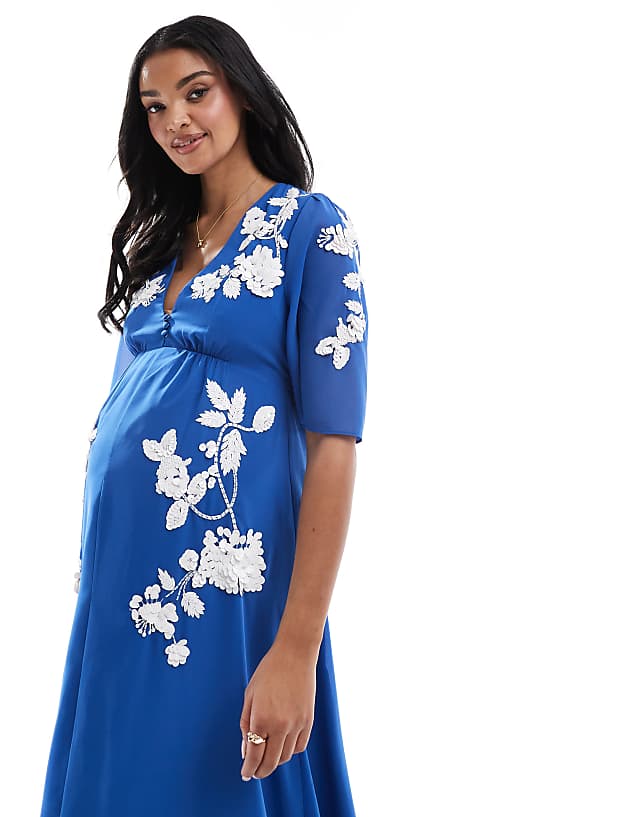 Asos Hope & Ivy Maternity Plunge Front Embellished Maxi Dress In Blue