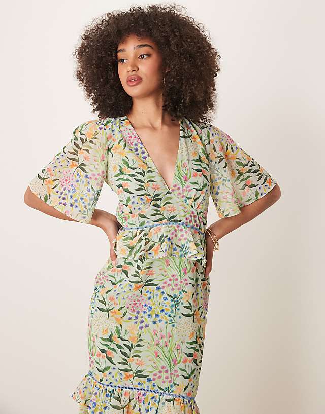 Asos Hope & Ivy Midi Tea Dress With Peplum Waist In Green Print