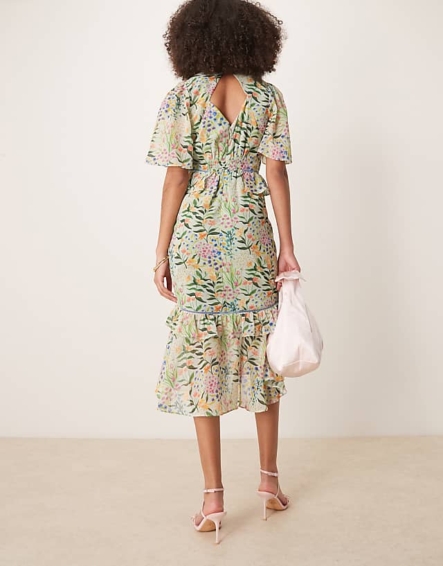 Asos Hope & Ivy Midi Tea Dress With Peplum Waist In Green Print