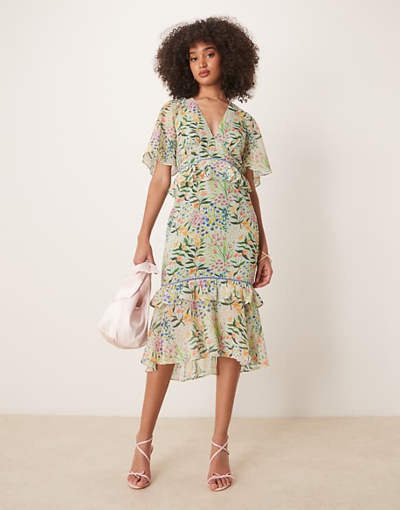 asos Hope & Ivy midi tea dress with peplum waist in green print