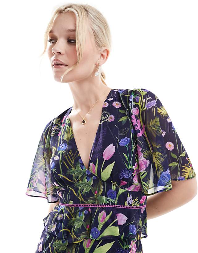 Asos Hope & Ivy Midi Tea Dress With Peplum Waist In Navy Print