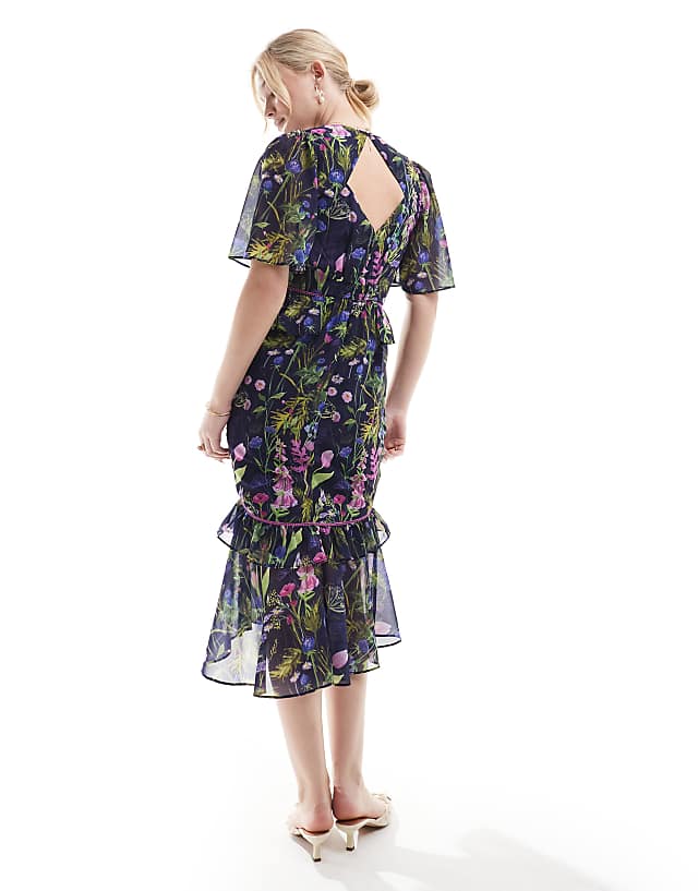 Asos Hope & Ivy Midi Tea Dress With Peplum Waist In Navy Print