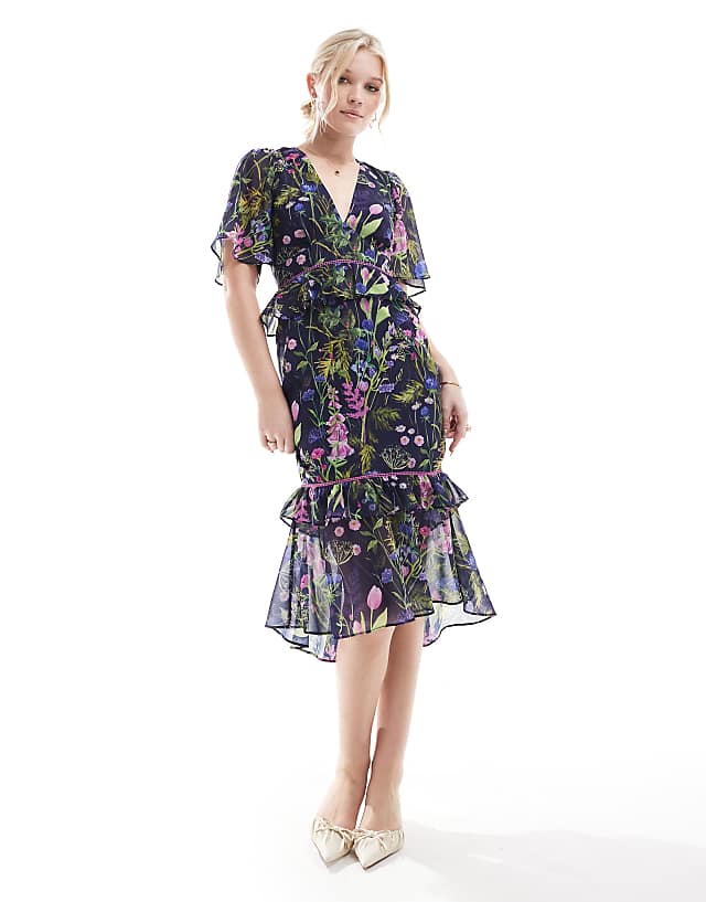 asos Hope & Ivy midi tea dress with peplum waist in navy print