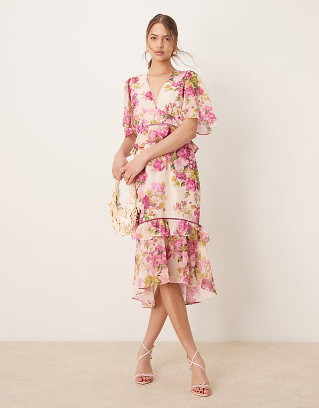 Asos Hope & Ivy Midi Tea Dress With Peplum Waist In Pink Print
