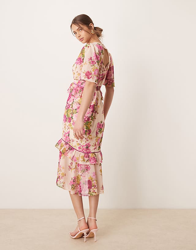 Asos Hope & Ivy Midi Tea Dress With Peplum Waist In Pink Print