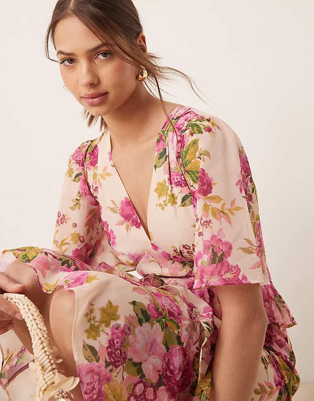 Asos Hope & Ivy Midi Tea Dress With Peplum Waist In Pink Print