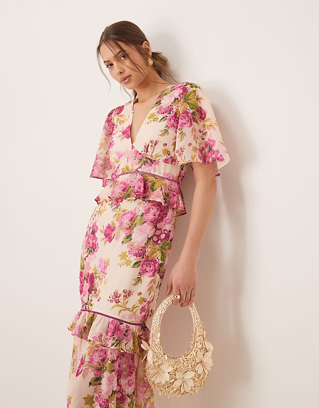 asos Hope & Ivy midi tea dress with peplum waist in pink print