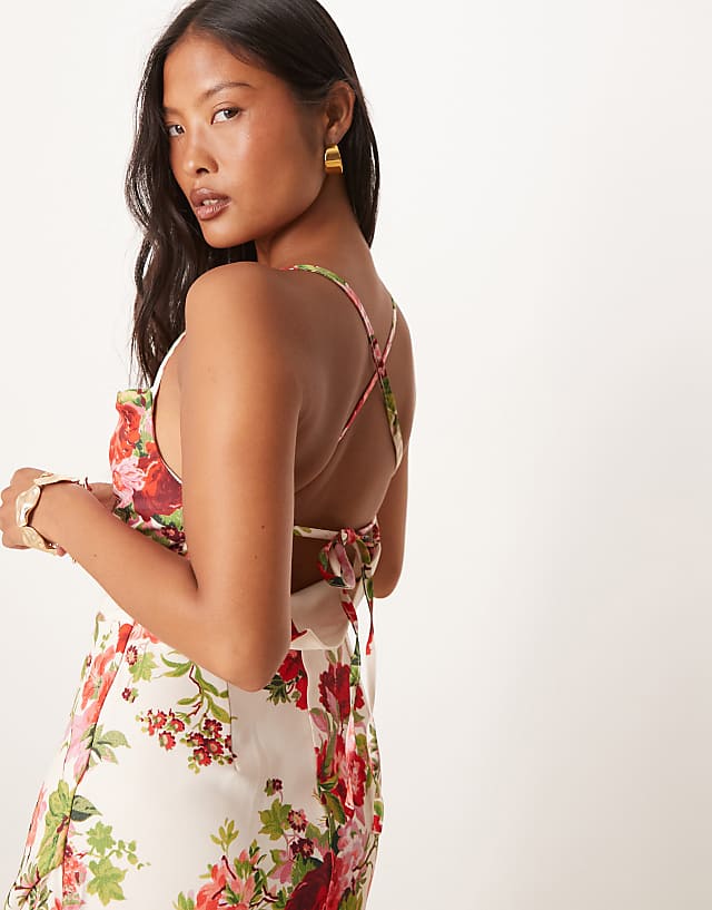 Asos Hope & Ivy Petite Cowl Neck Cross Back Maxi Dress With Thigh Split In White Red Floral
