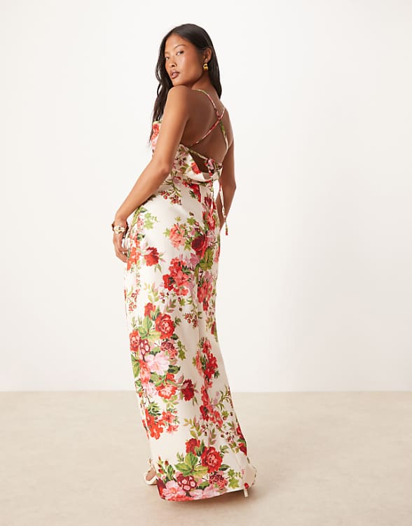 Asos Hope & Ivy Petite Cowl Neck Cross Back Maxi Dress With Thigh Split In White Red Floral