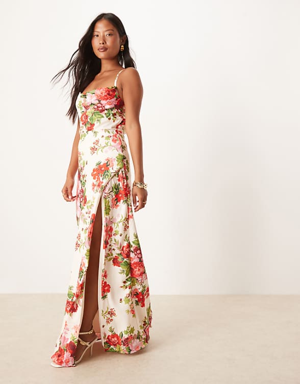 Asos Hope & Ivy Petite Cowl Neck Cross Back Maxi Dress With Thigh Split In White Red Floral