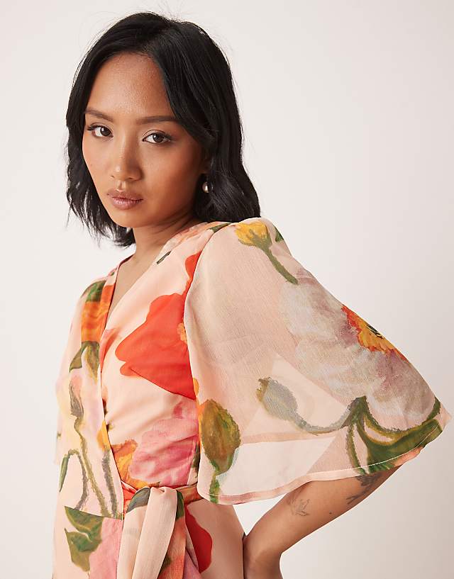 Asos Hope & Ivy Petite Frill Sleeve Maxi Wrap Dress With Tie Waist In Pink Floral
