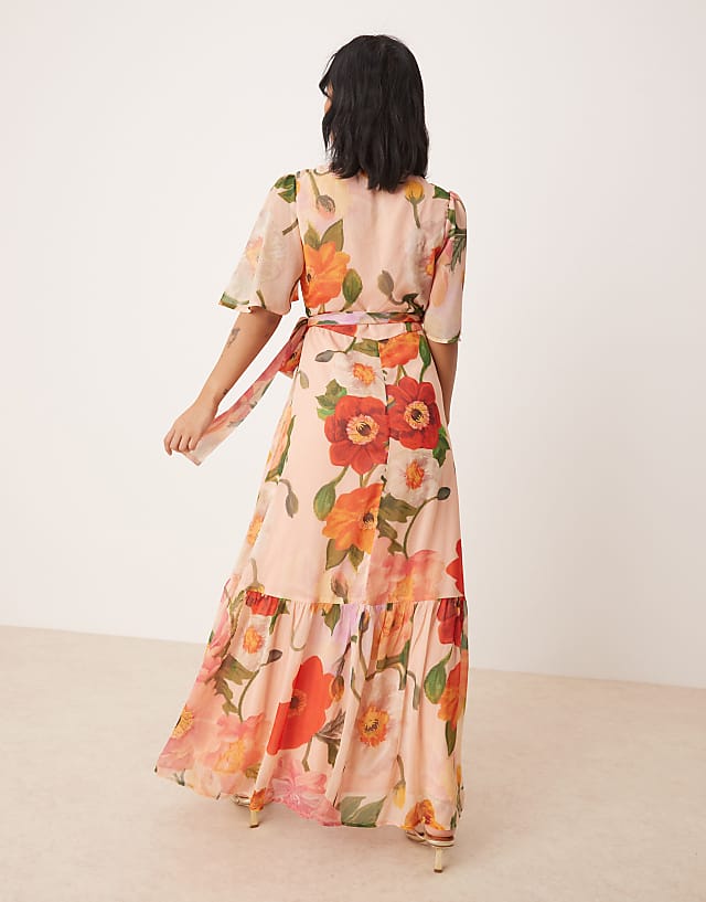 Asos Hope & Ivy Petite Frill Sleeve Maxi Wrap Dress With Tie Waist In Pink Floral