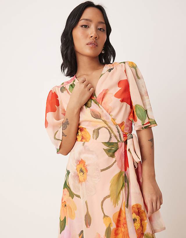 Asos Hope & Ivy Petite Frill Sleeve Maxi Wrap Dress With Tie Waist In Pink Floral