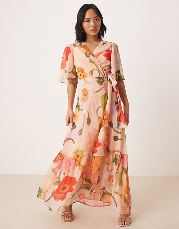 asos Hope & Ivy Petite frill sleeve maxi wrap dress with tie waist in pink floral