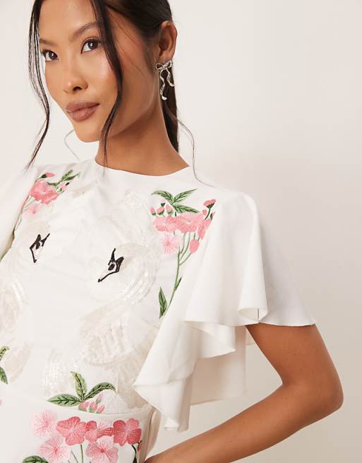 Asos Hope & Ivy Petite Swan Embellished Open Back Mini Dress In Ivory