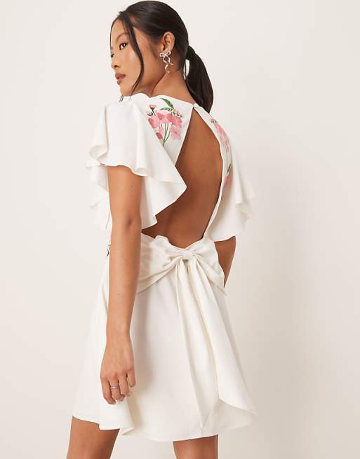 Asos Hope & Ivy Petite Swan Embellished Open Back Mini Dress In Ivory