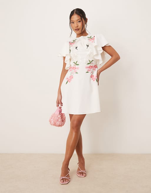 Asos Hope & Ivy Petite Swan Embellished Open Back Mini Dress In Ivory