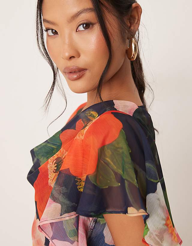 Asos Hope & Ivy Petite Waterfall Sleeve Cowl Neck Maxi Dress In Navy Floral
