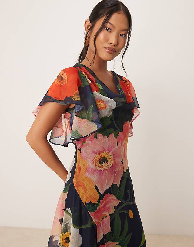 Asos Hope & Ivy Petite Waterfall Sleeve Cowl Neck Maxi Dress In Navy Floral