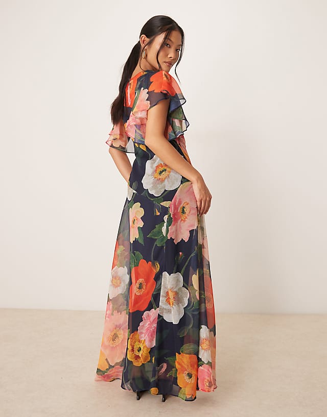 Asos Hope & Ivy Petite Waterfall Sleeve Cowl Neck Maxi Dress In Navy Floral