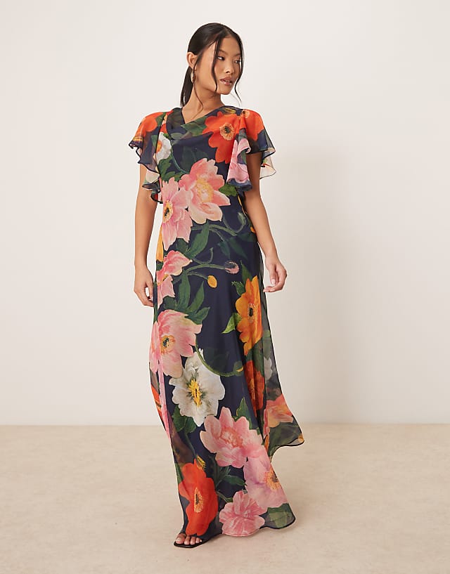 asos Hope & Ivy Petite waterfall sleeve cowl neck maxi dress in navy floral