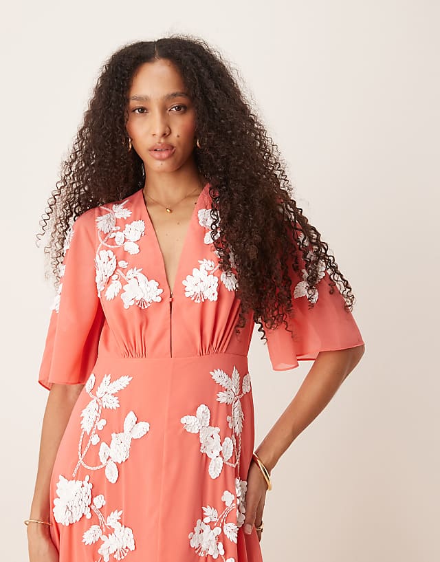 Asos Hope & Ivy Plunge Front Embellished V-neck Maxi Dress In Light Coral