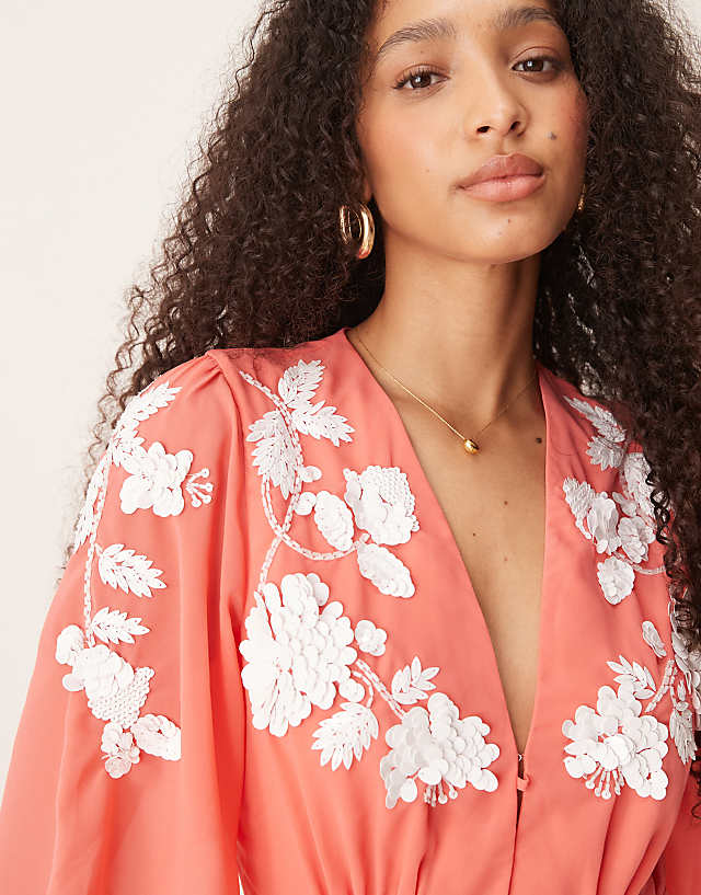 Asos Hope & Ivy Plunge Front Embellished V-neck Maxi Dress In Light Coral