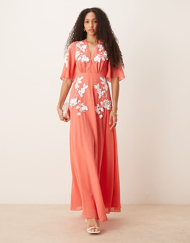 asos Hope & Ivy plunge front embellished v-neck maxi dress in light coral