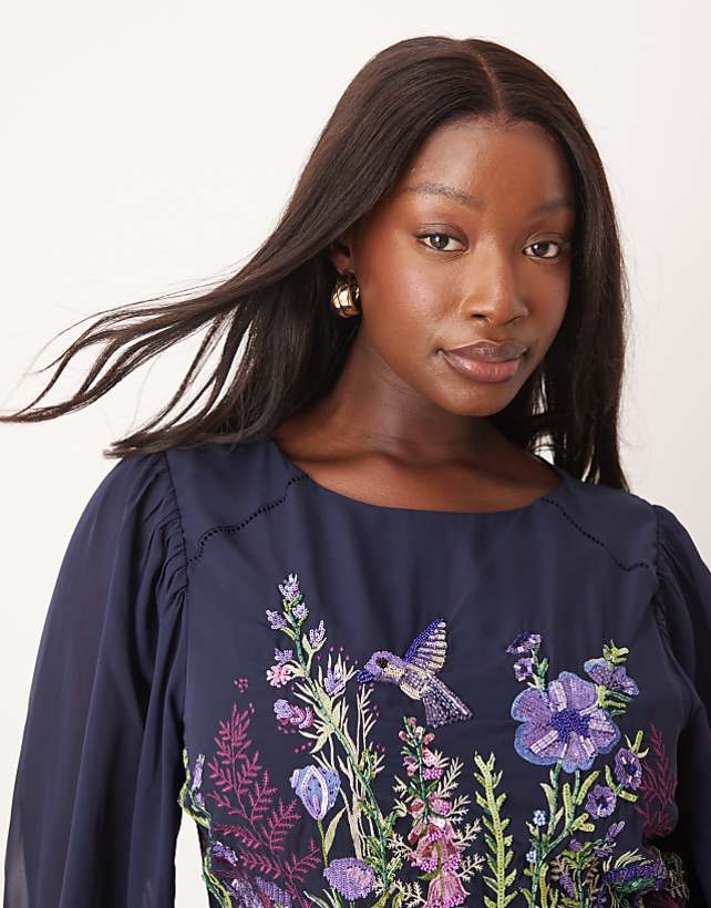 Asos Hope & Ivy Plus Embellished High Neck Midi Dress With Blouson Sleeves In Navy