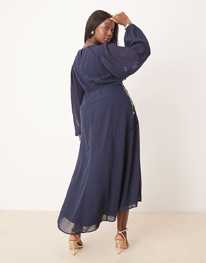 Asos Hope & Ivy Plus Embellished High Neck Midi Dress With Blouson Sleeves In Navy