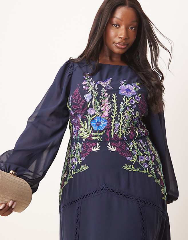 Asos Hope & Ivy Plus Embellished High Neck Midi Dress With Blouson Sleeves In Navy
