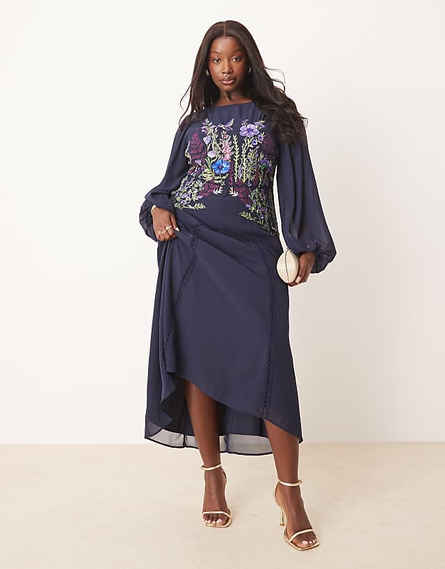 asos Hope & Ivy Plus embellished high neck midi dress with blouson sleeves in navy