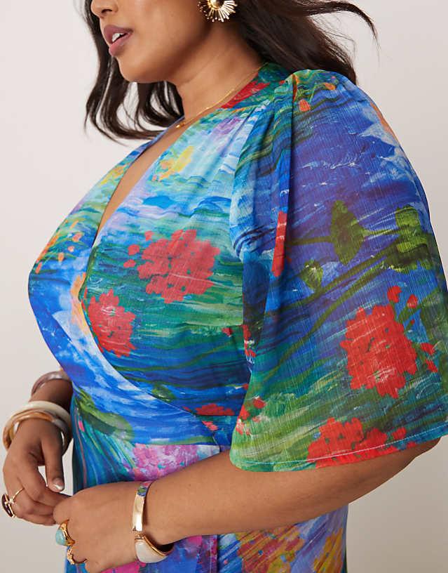 Asos Hope & Ivy Plus Flutter Sleeve Maxi Wrap Dress In Blue Floral