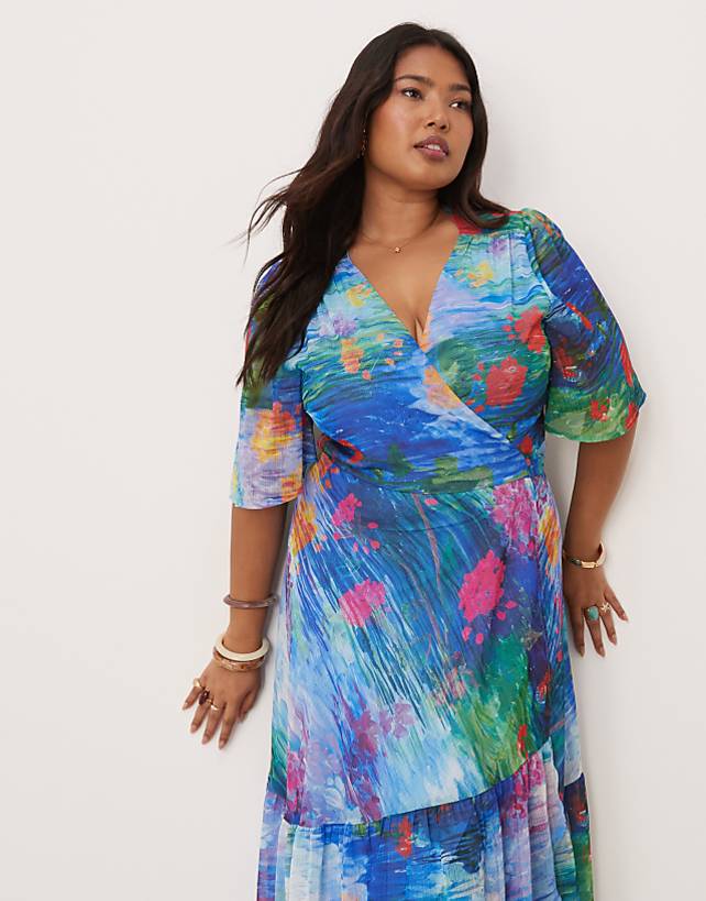 Asos Hope & Ivy Plus Flutter Sleeve Maxi Wrap Dress In Blue Floral