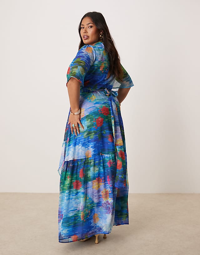 Asos Hope & Ivy Plus Flutter Sleeve Maxi Wrap Dress In Blue Floral