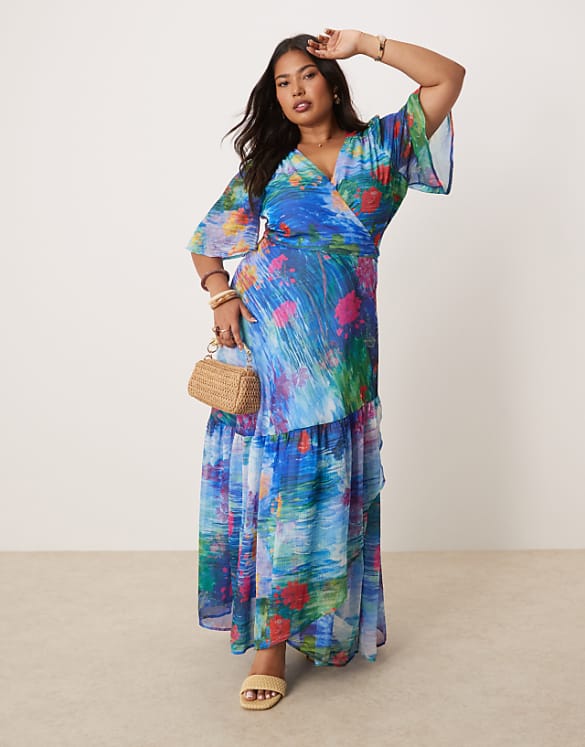 asos Hope & Ivy Plus flutter sleeve maxi wrap dress in blue floral