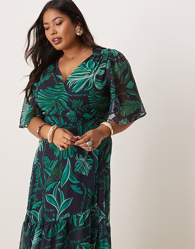Asos Hope & Ivy Plus Flutter Sleeve Maxi Wrap Dress In Turquoise Palm Print