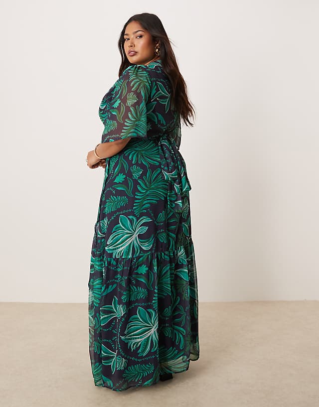 Asos Hope & Ivy Plus Flutter Sleeve Maxi Wrap Dress In Turquoise Palm Print