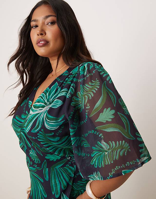 Asos Hope & Ivy Plus Flutter Sleeve Maxi Wrap Dress In Turquoise Palm Print