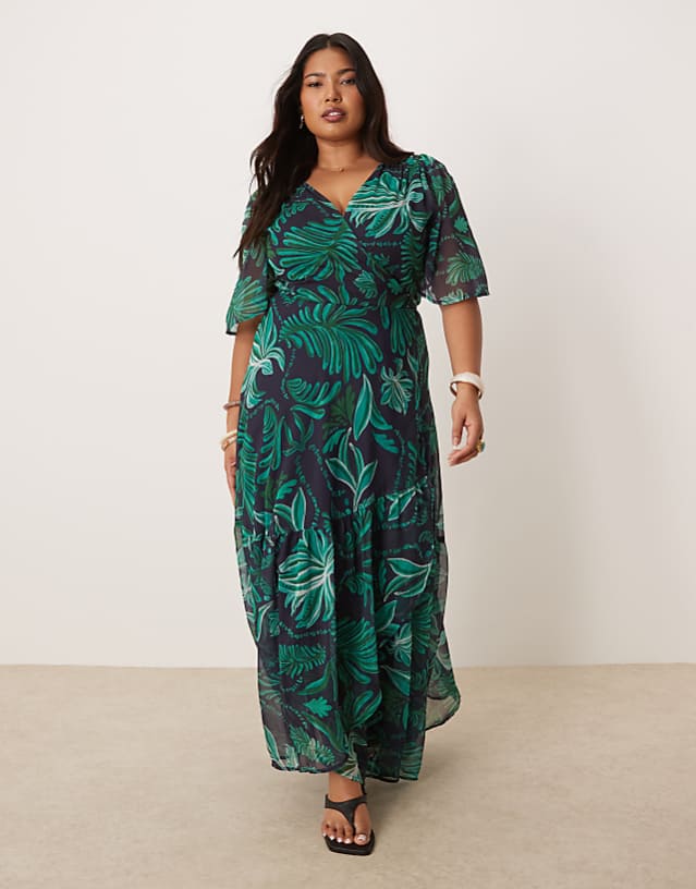 asos Hope & Ivy Plus flutter sleeve maxi wrap dress in turquoise palm print