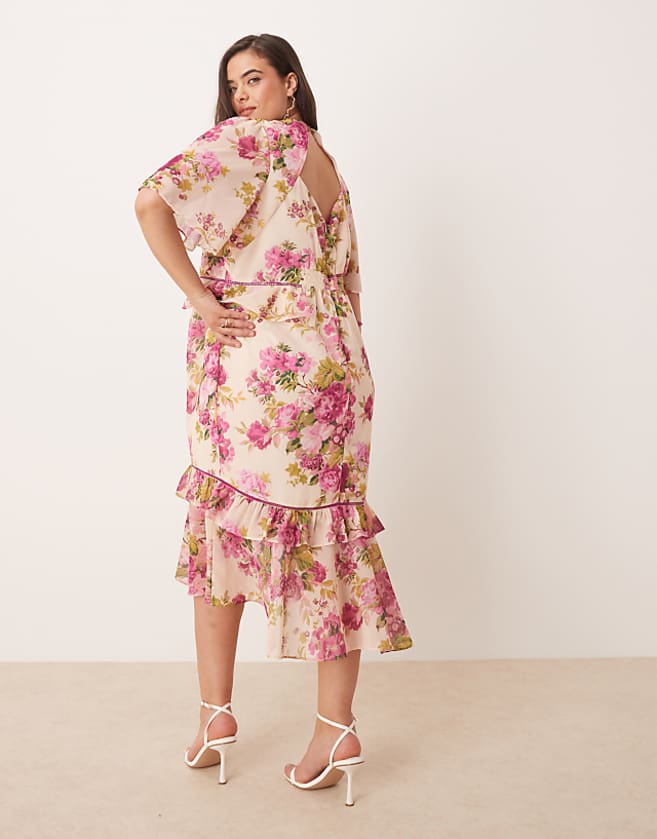 Asos Hope & Ivy Plus Midi Tea Dress With Peplum Waist In Pink Print