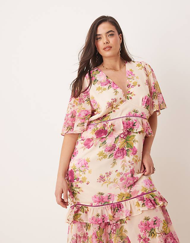 Asos Hope & Ivy Plus Midi Tea Dress With Peplum Waist In Pink Print