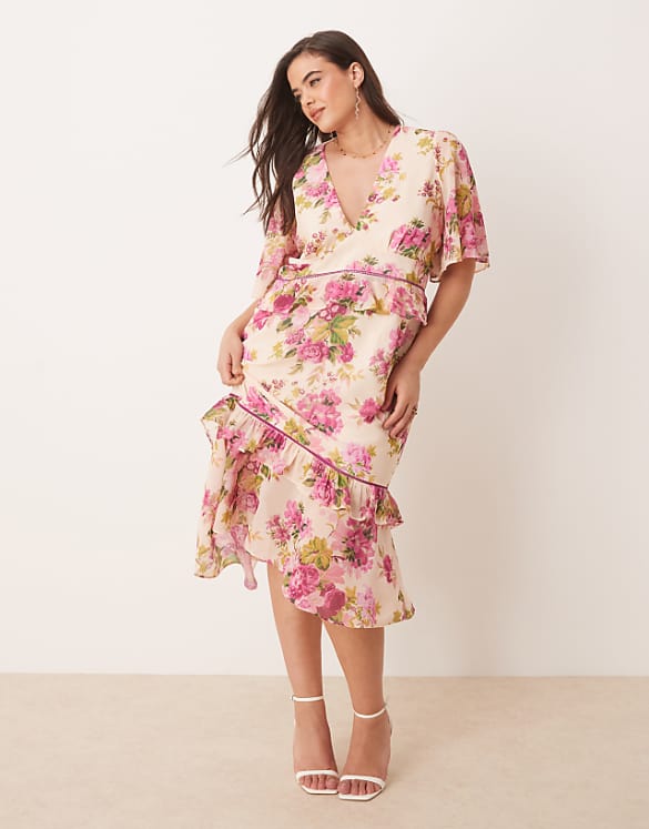 asos Hope & Ivy Plus midi tea dress with peplum waist in pink print